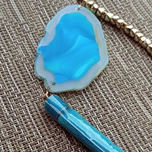 Blue Agate Gold Bead Tassel Necklace